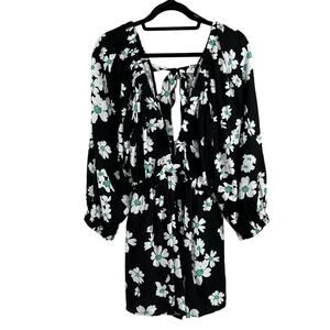 Topshop Black Daisy Floral Linen Long Sleeve V-Neck Short Romper 8/10 Medium NWT